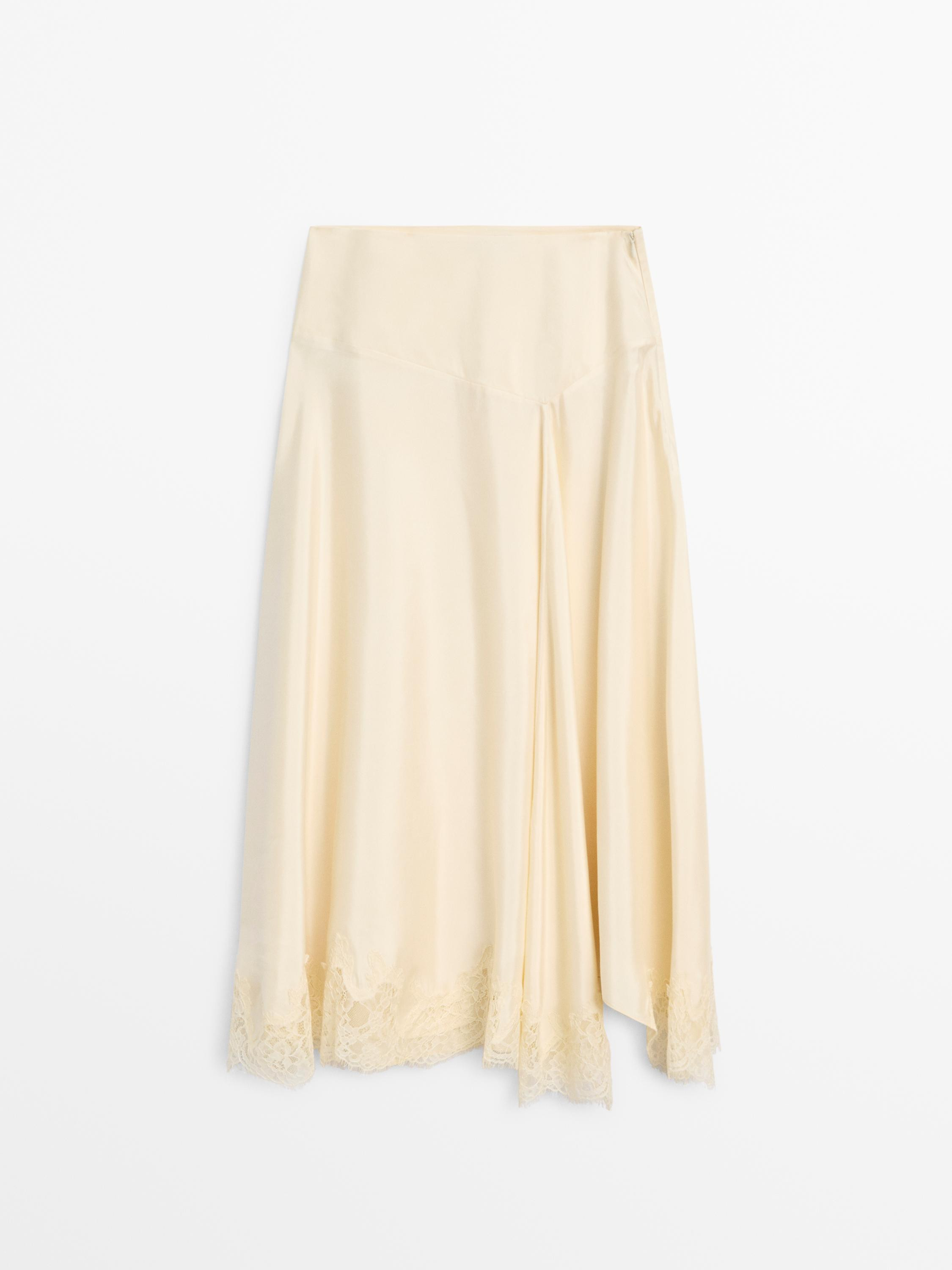 Asymmetric skirt with lace-trimmed detail | Massimo Dutti UK