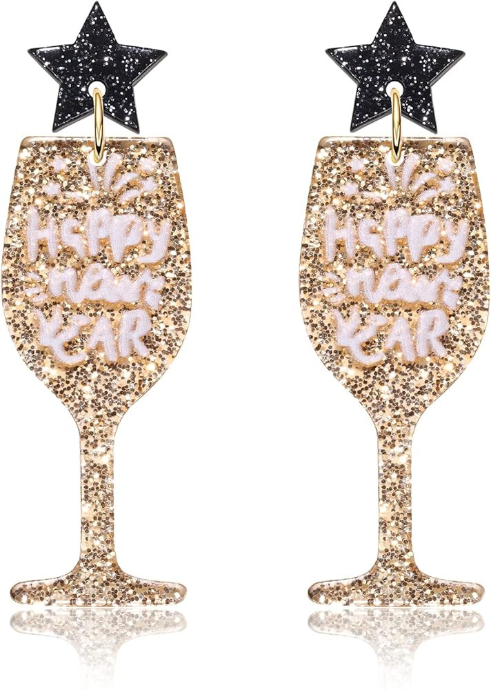 New Years Eve Earrings Glitter Acrylic Champagne Bottle Clock Dangle Earrings 2025 Happy New Year... | Amazon (US)