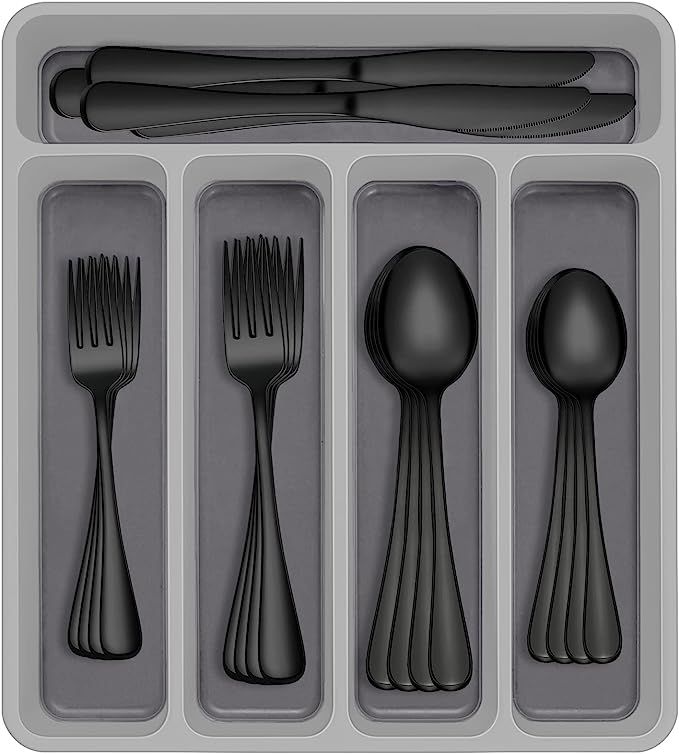 60-Piece Black Silverware Set with Organizer, AIVIKI Stainless Steel Flatware Set for 12, Cutlery... | Amazon (US)
