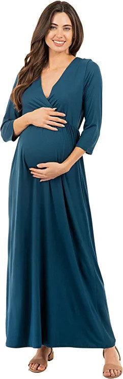 Mother Bee Maternity V-Neck 3/4 Sleeve Ruched Waist Dress at Amazon Women’s Clothing store | Amazon (US)