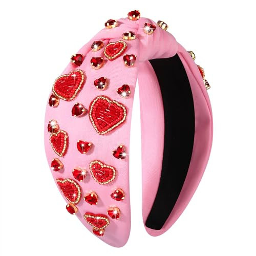 boderier Valentines Day Headband Red Pink Heart Headband Jeweled Crystal Knotted Headband Valentines Lover Party Hair Accessory (Pink-Red Heart) | Amazon (US)