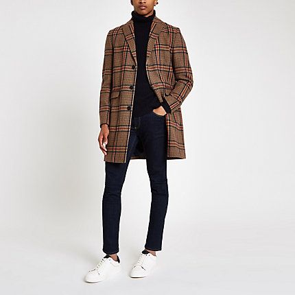 Mens Brown check overcoat | River Island (UK & IE)