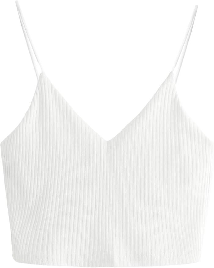 SheIn Women's Casual V Neck Sleeveless Ribbed Knit Cami Crop Top Snow White Small | Amazon (US)
