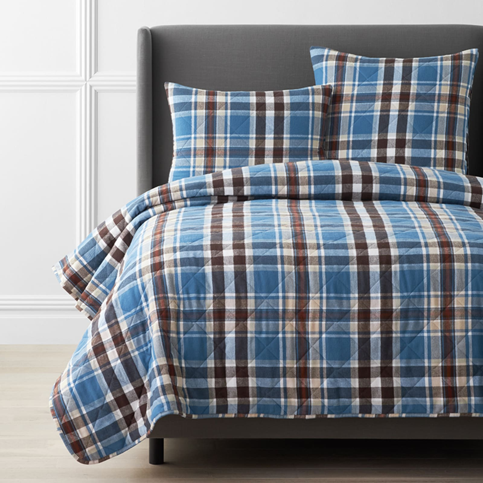 Plaid Premium Ultra-Cozy Cotton Flannel Coverlet - Blue And Cream, King/Cal King | The Company Store