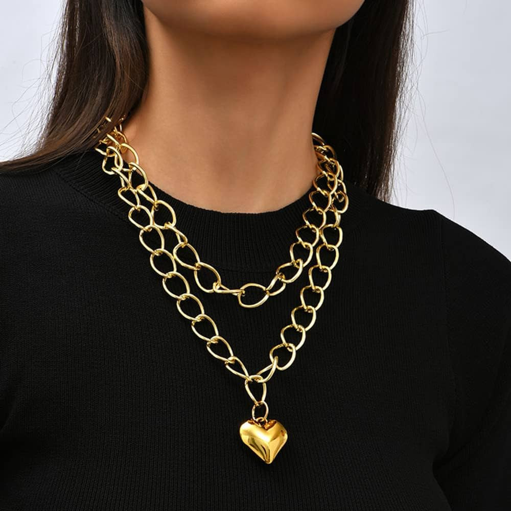 Jumwrit Dainty Layered Necklace Black Gold Link Chain Necklace Big Pearl Heart Pendant Necklace P... | Amazon (US)