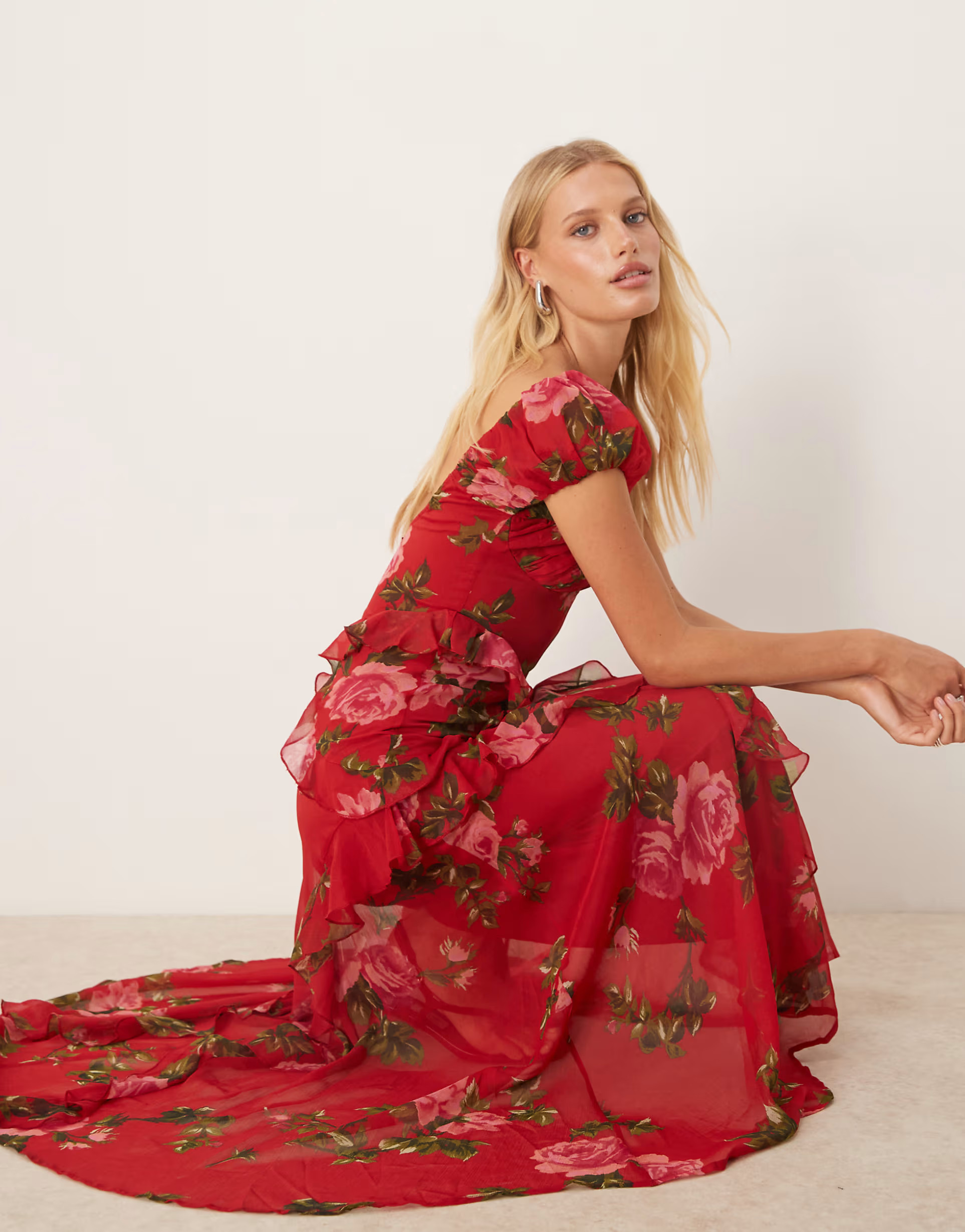 ASOS DESIGN gathered sleeve midi dress with ruffles in red based floral print | ASOS (Global)