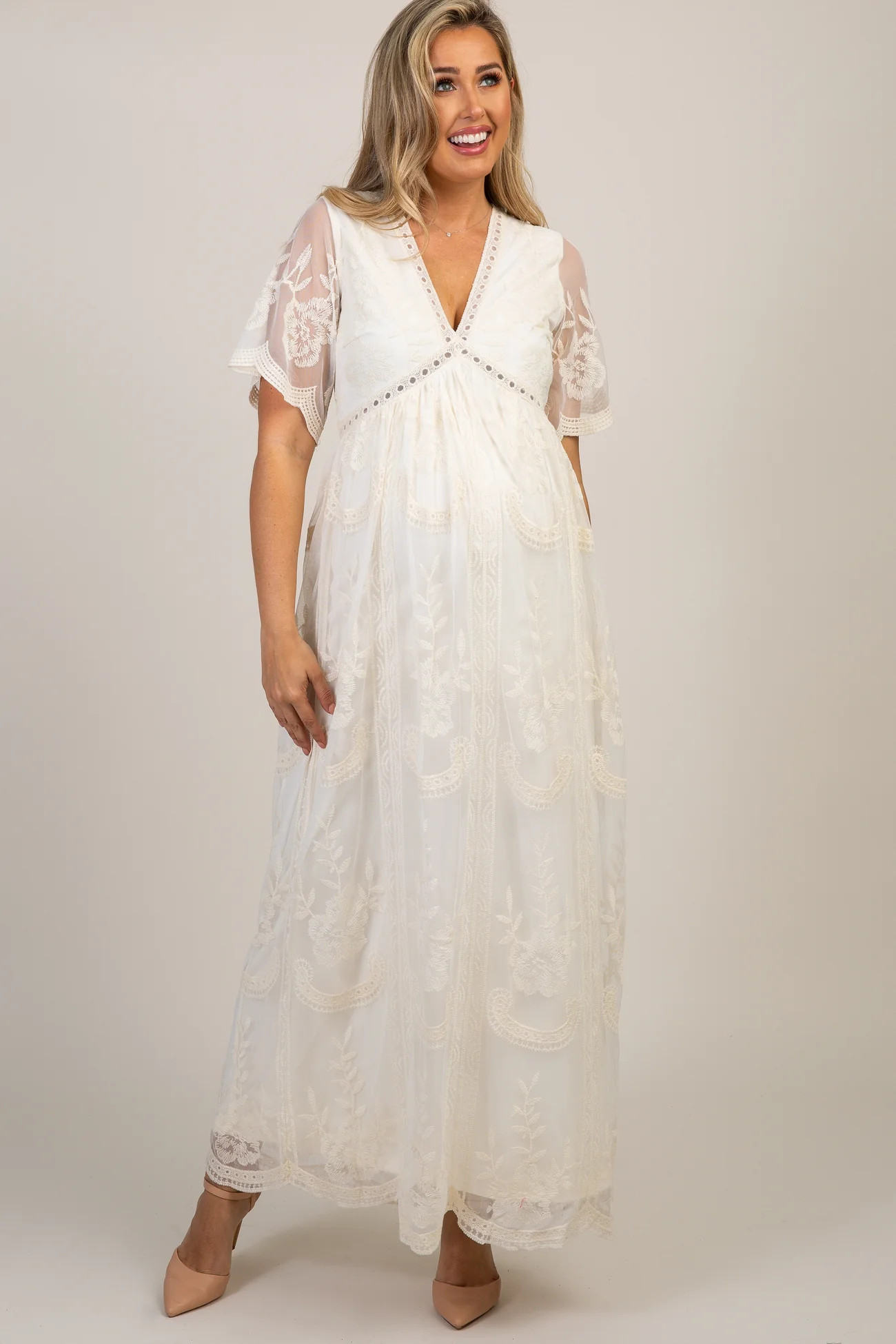 PinkBlush Cream Lace Mesh Overlay Maternity Maxi Dress | PinkBlush Maternity