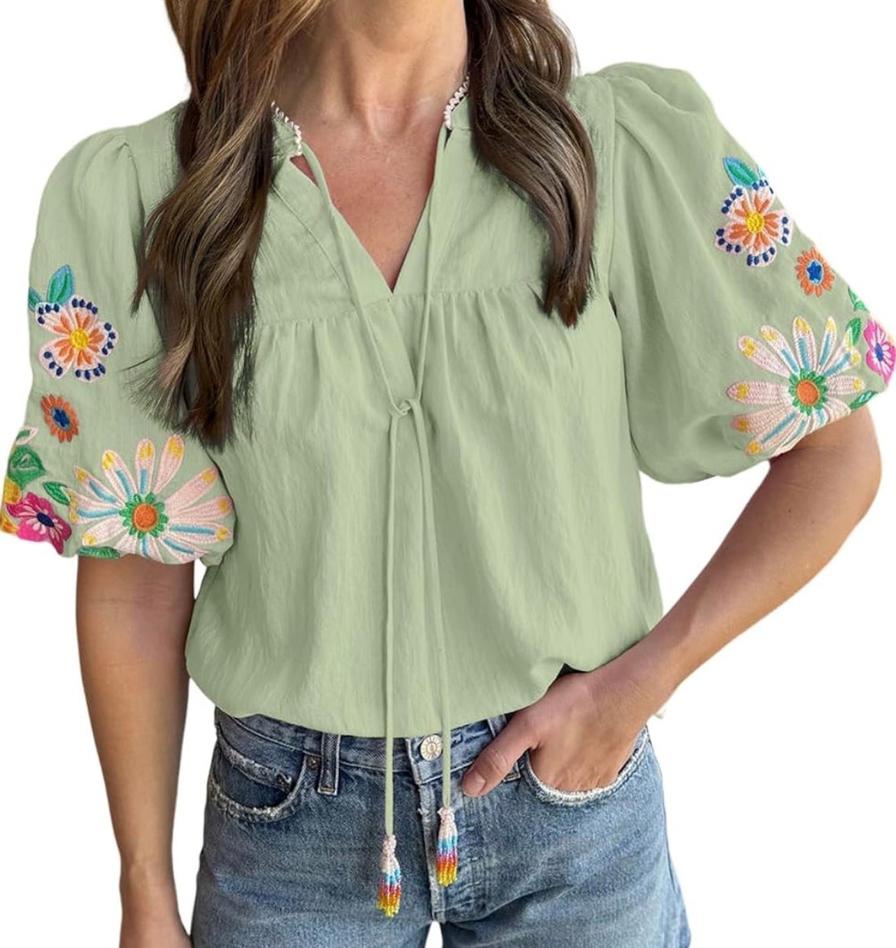 Love this top so much, and got so many compliments when I wore it!! The embroidery on the sleeves is real and the quality of the shirt is amazing for the price point!! I ordered my usual large so would say it's tts. 

#LTKSpringSale #LTKootd #LTKMidsize