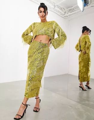 ASOS EDITION beaded fringe and pearl slit back top and skirt in black and yellow | ASOS (Global)