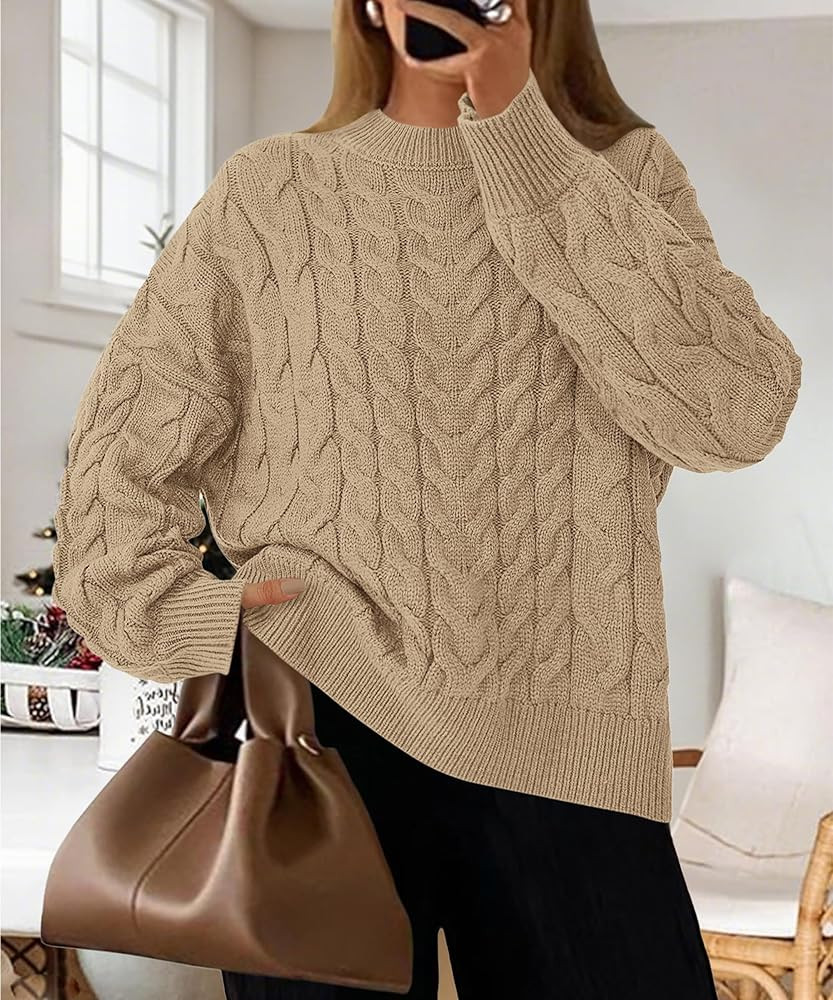 dowerme Women's Oversized Sweaters 2025 Long Sleeve Crewneck Cable Knit Chunky Pullover Cute Fall... | Amazon (US)