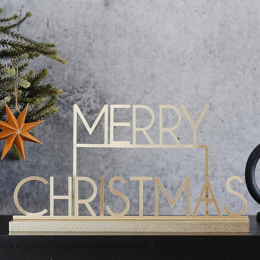 Ginger Ray Gold Metal 'Merry Christmas' Sign Tabletop Fireplace Decoration | Amazon (US)