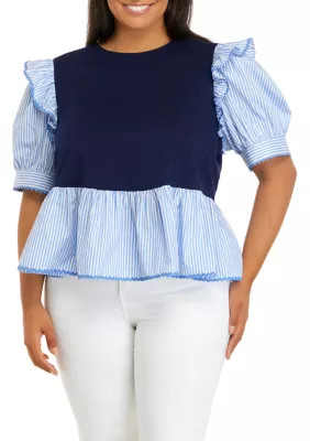 ENGLISH FACTORY Plus Size Elbow Sleeve Mixed Media Top | Belk