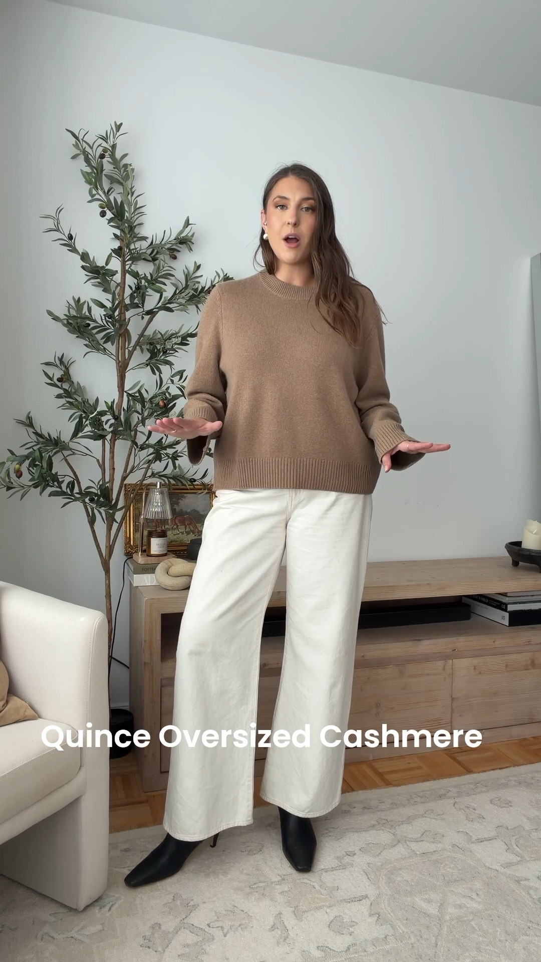 Quince oversized crewneck cashmere runs comfortly oversized wearing size L . So cozy and luxe 

Great gift idea! 

Quince cashmere / quince review / quince cashmere sweater / cashmere sweater 

#LTKGiftGuide #LTKMidsize #LTKSeasonal