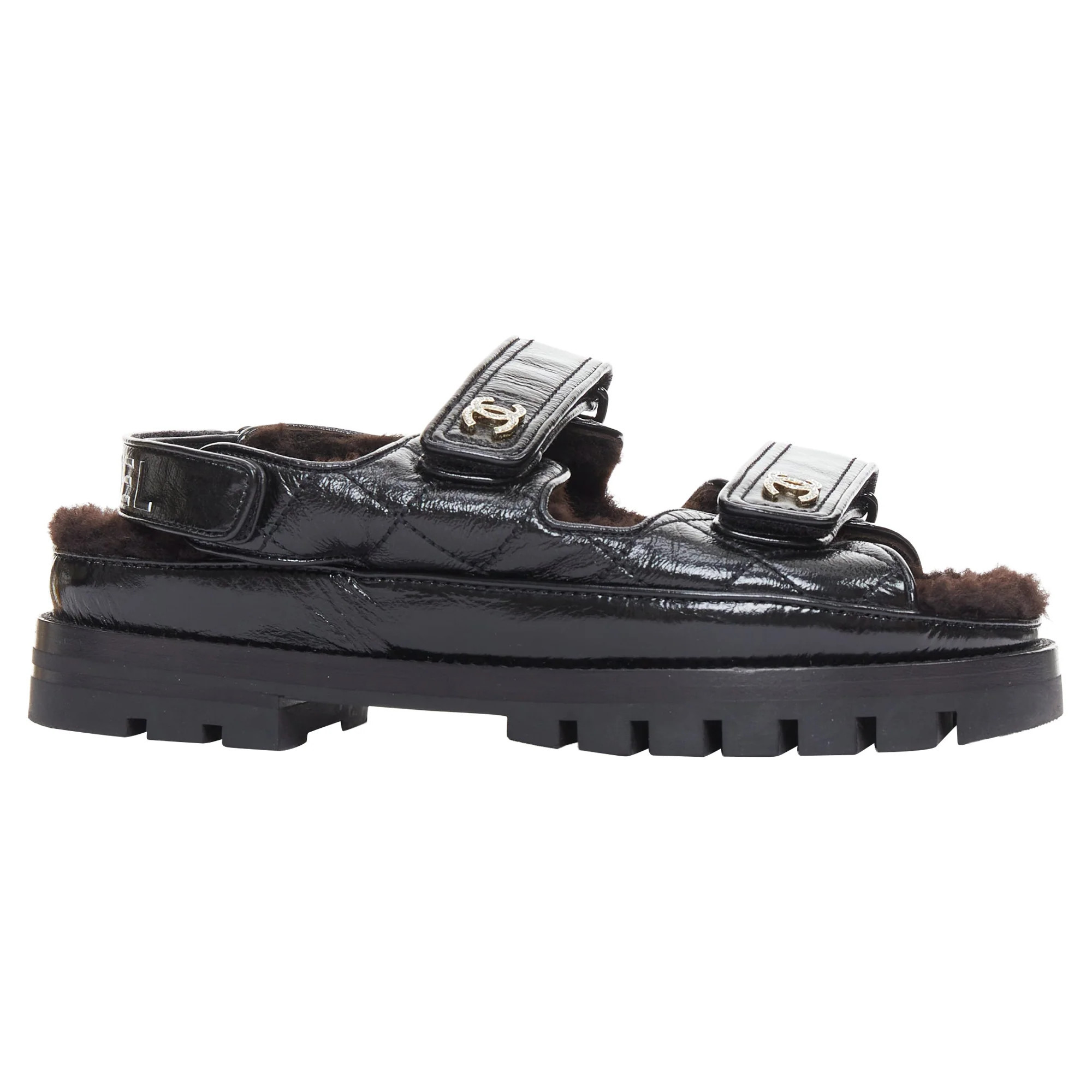 CHANEL 2023 black laminated lambskin shearling crystal CC dad sandals EU37 | Shop Simon