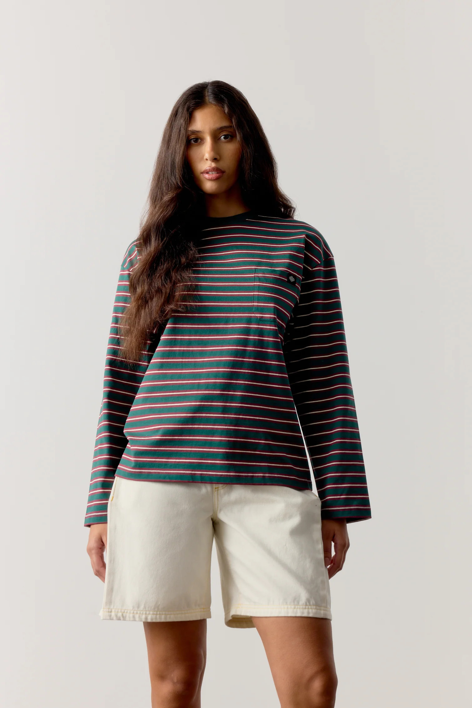 STRIPE POCKET LONG SLEEVE T SHIRT - FOREST GREEN | The Couture Club
