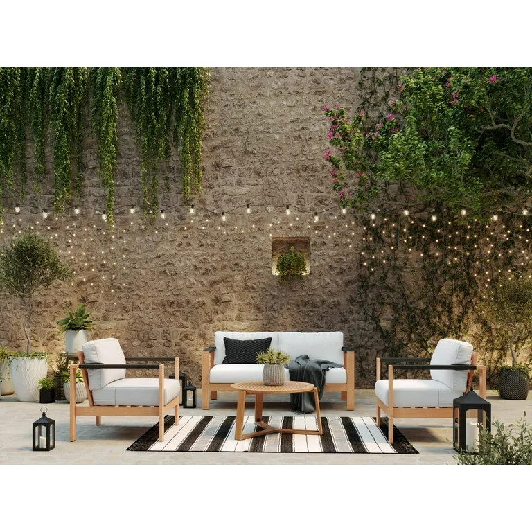 Better Homes & Gardens Braxton 4-Piece Wood Outdoor Conversation Set with Off-White Cushions | Walmart (US)