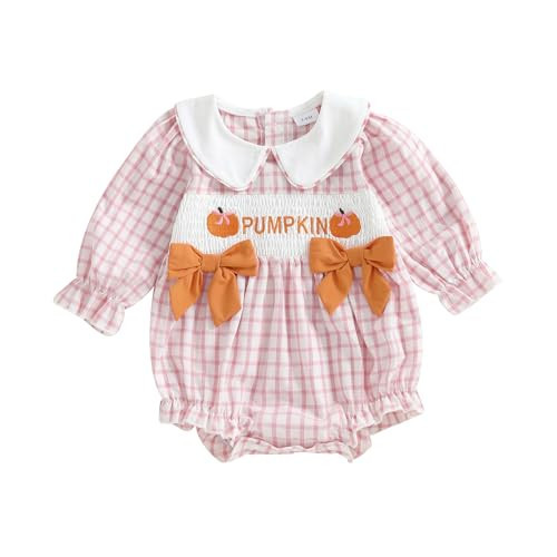 Baby Girl Halloween Outfit Pumpkin Bubble Romper Long Sleeve Doll Collar Plaid Jumpsuit Boutique Fall Clothes (Pink Pumpkin Bow, 0-3 Months) | Amazon (US)