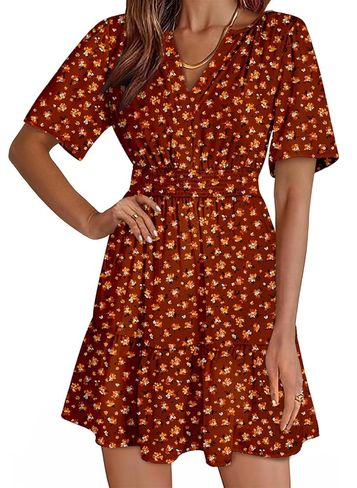 Dokotoo Womens Summer Dresses 2025 Boho Floral Short Sleeve V Neck Smocked Waist Casual A-Line Sw... | Amazon (US)