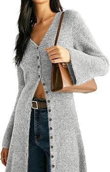 Womens V-Neck Button Maxi Cardigan Bell Long Sleeve Open Front Split Breasted Sweater Dress | Amazon (US)