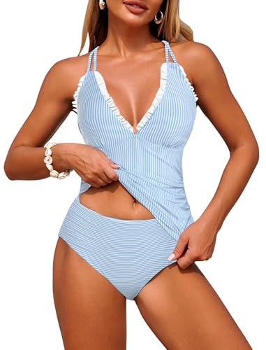 ZAFUL Womens Tankini Bathing Suits Modest Two Piece Swimsuit Smocked Push Up Slimming Tankinis with High Waisted Full Coverage Bottom Sexy Adjustable Straps Ruched Tummy Contro Swimwear Blue Striped L | Amazon (US)