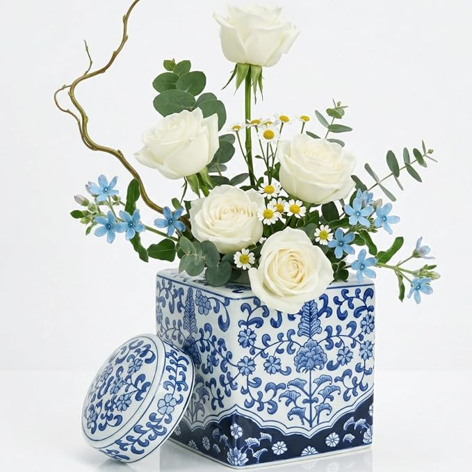 Goaste Square Ceramic Ginger Jar with Lid, 8.2 Inch Blue and White Ginger Jars Decorative, Chinoi... | Amazon (US)