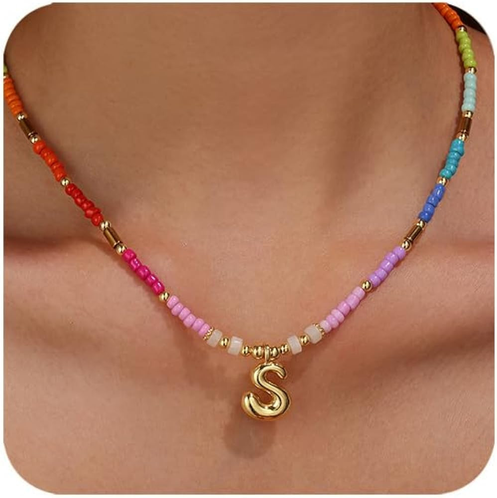 Colorful Beaded Initial Necklaces for Women 14K Gold Plated Cute Bubble Letter Beads Necklace Sum... | Amazon (US)