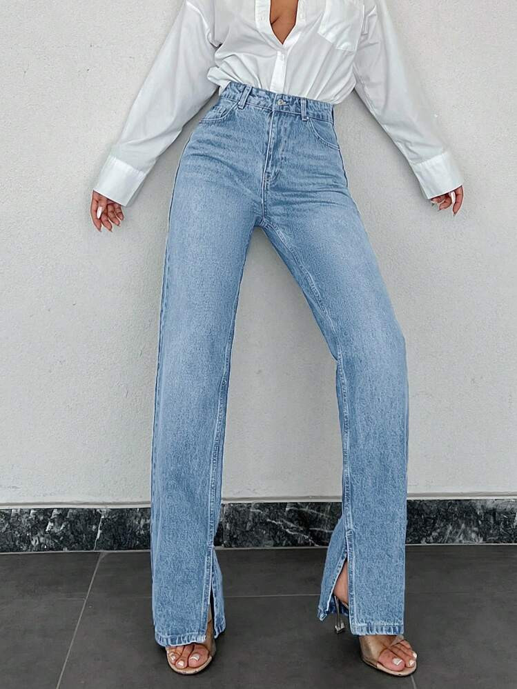RueChic 100%Cotton Women's Casual Daily Wear Split Leg Denim Jeans | SHEIN