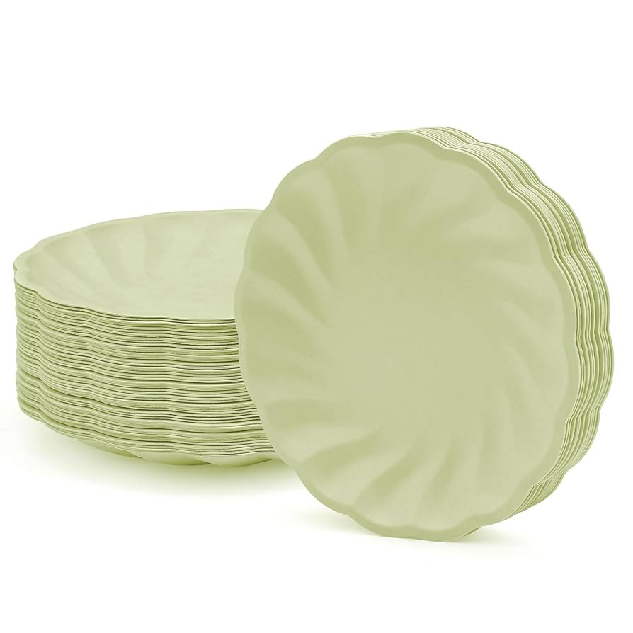 7" Scalloped Compostable Plates (50 Pack) Disposable Plates Light Green for Outdoor Parties, Picn... | Amazon (US)