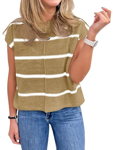 Saodimallsu Womens Summer Cap Sleeve Tank Tops Striped Crew Neck Casual Loose Fit Pullover Knit Sweater Vest Camel | Amazon (US)