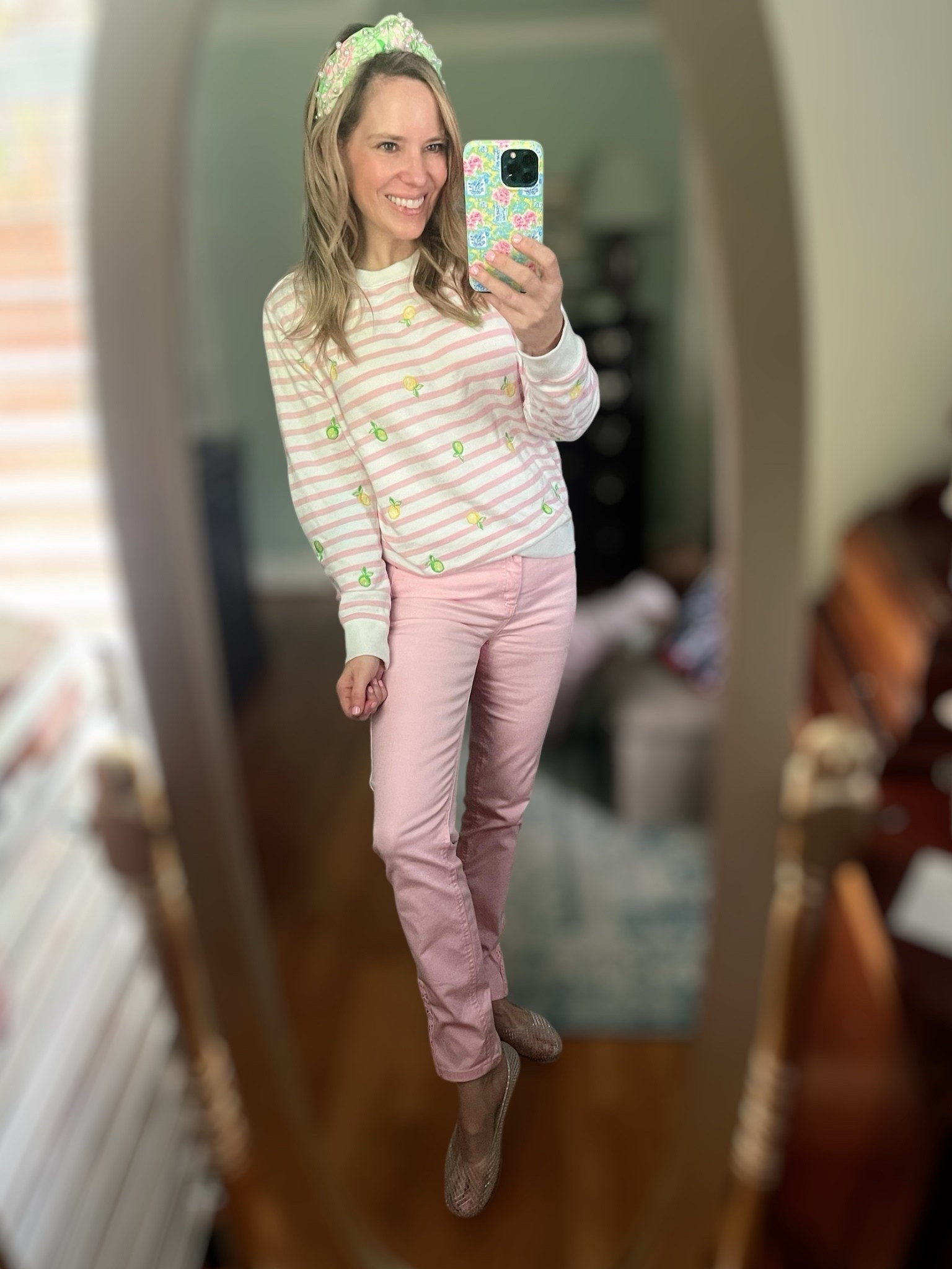 Spring sweetness in full bloom 🌸☀️ with this pastel-perfect Lilly Pulitzer look! I’m wearing the Ballad Embroidered Sweatshirt in a soft pink-and-white stripe with the cutest lemon embroidery 🍋 — it’s lightweight, comfy, and adds a fun twist to your everyday spring wardrobe. I’m in a size XS and love the relaxed fit!

Paired it with Lilly’s South Ocean High-Rise Jeans in the prettiest pale pink hue (size 0). These jeans have a flattering, tailored fit and just the right amount of stretch for all-day comfort 🩷👖 — perfect for dressing up or down this season.

Topped it off with a Lilly Pulitzer headband for a pop of print 🎀, classic pearl earrings (a staple in my accessories rotation!) ✨, and my favorite clear jelly flats from Target — a budget-friendly and comfy shoe option that goes with everything 👡💖.

This outfit is perfect for spring outings, brunch with the girls, running errands, or just adding a splash of color to your day 🛍️💐


#LTKFindsUnder100 #LTKFindsUnder50 #LTKOver40