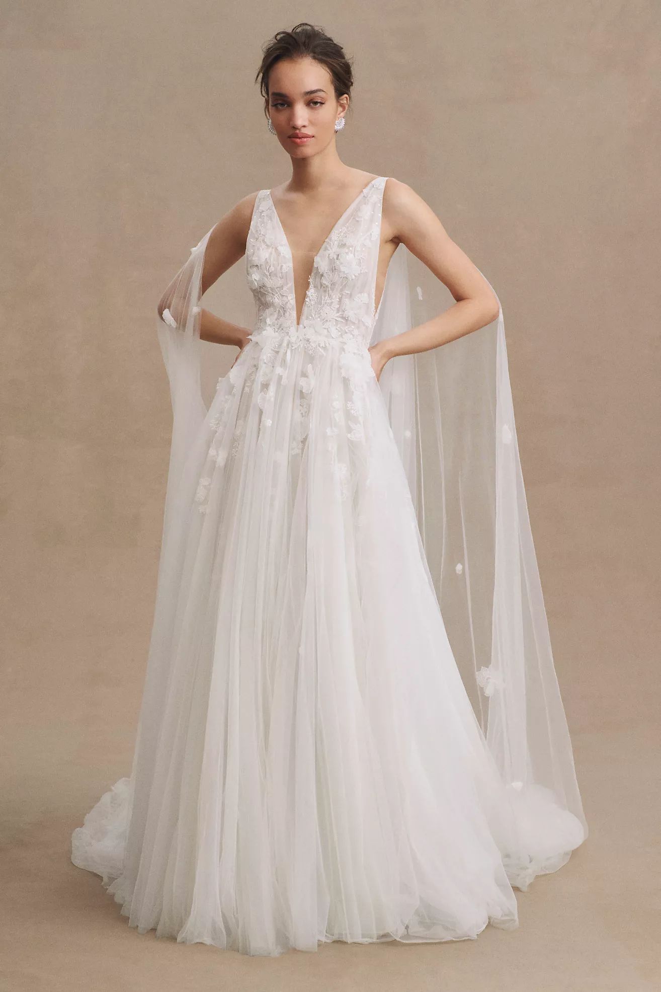Watters Calia Plunge V-Neck Floral Tulle Ball-Skirt Wedding Gown | Anthropologie (US)
