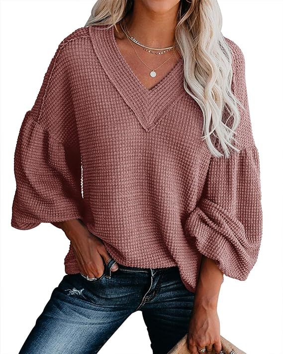 Womens V Neck Waffle Knit Shirts Oversized Sweaters Thermal Casual Blouses Tops Balloon Sleeve Lo... | Amazon (US)