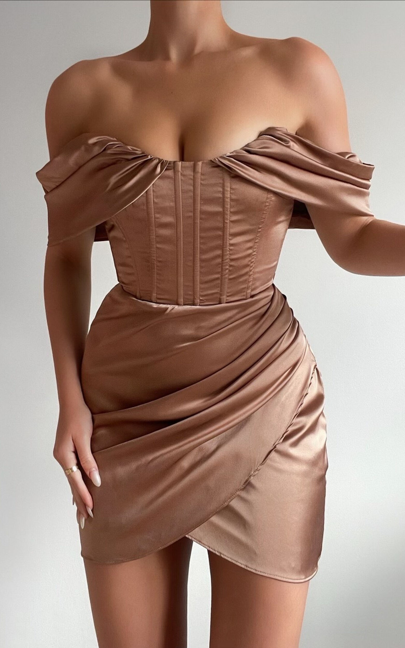Vanessa Off Shoulder Corset Wrap Skirt Mini Dress in Mocha | Showpo (US, UK & Europe)