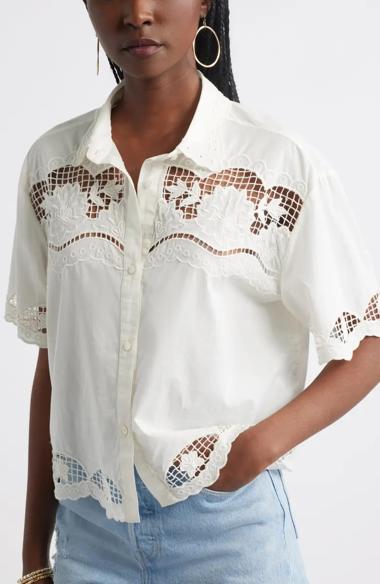 Treasure & Bond Embroidered Cutwork Cotton Camp Shirt | Nordstrom | Nordstrom