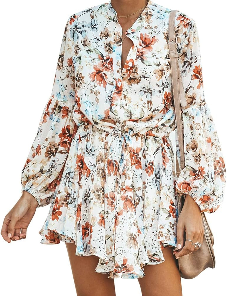 Clarisbelle Women's Long Sleeve Button up Tie Waist Floral Chiffon Dress | Amazon (US)