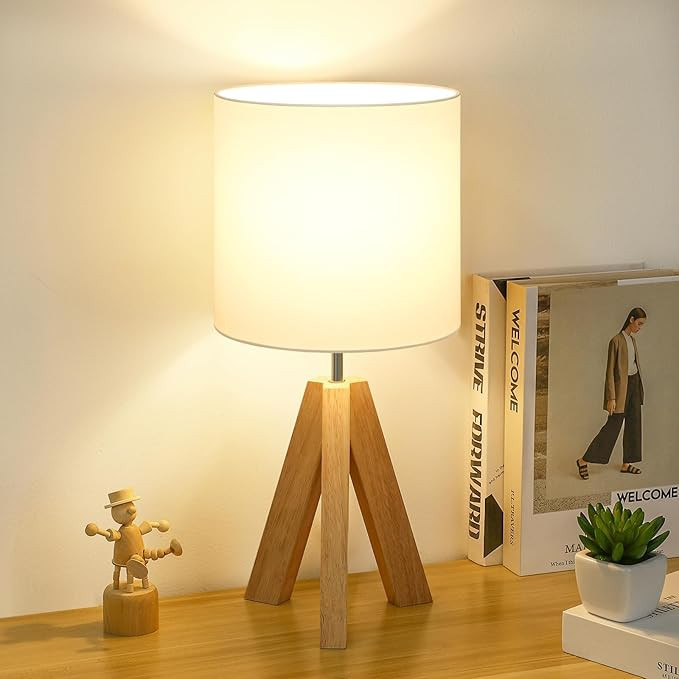 Small Beside Table Lamp, Wood Tripod Table Lamp with White Fabric Shade, Cute Boho Nightstand Min... | Amazon (US)
