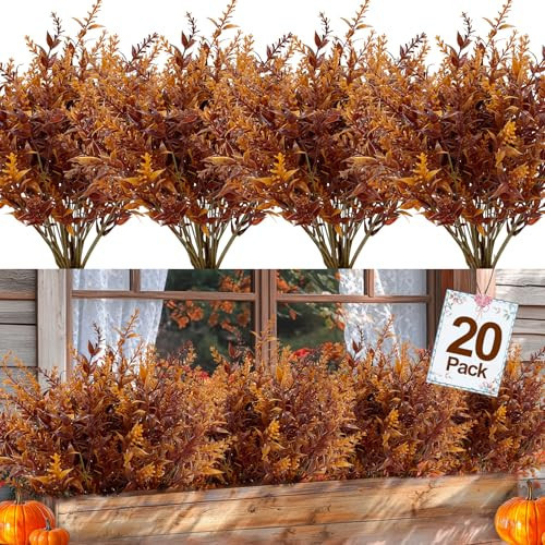 TURNMEON 20 Bundles Artificial Fall Flowers for Outdoors Fall Decorations Artificial Lavender Fake Plastic Flowers UV Resistant Faux Mums Fall Plants Autumn Thanksgiving Decor Home Gardens(Brown) | Amazon (US)