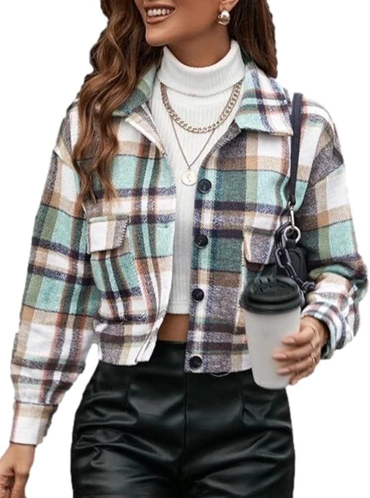 Peaceglad Women's Fashion Cropped Flannel Plaid Shacket Long Sleeve Button Down Jacket Coat | Amazon (US)
