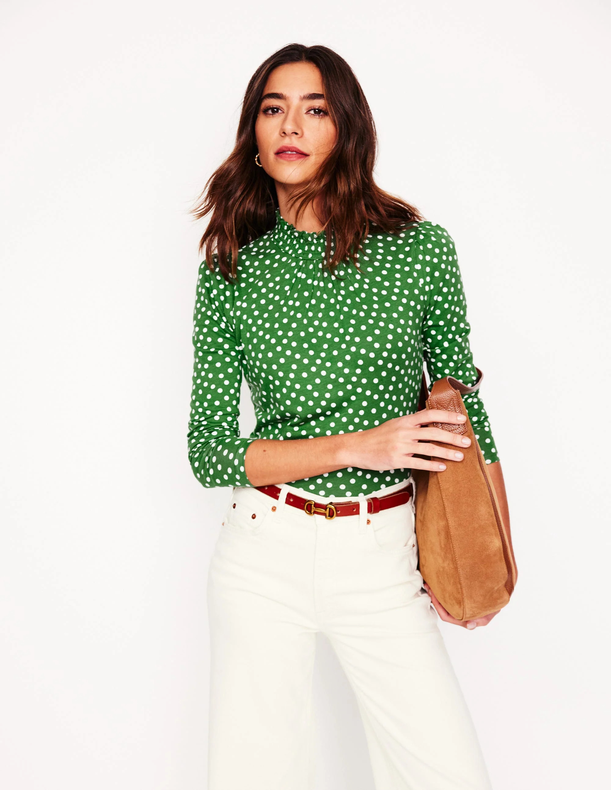 Smocked Neck Printed Top-Promenade Green, Abstract Dot | Boden (US)