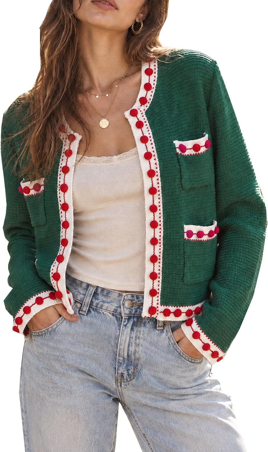 Women's Color Block Cardigan Open Front Jackie O Sweater Casual Long Sleeve Button Down Chunky Knit Outerwear Coats | Amazon (US)