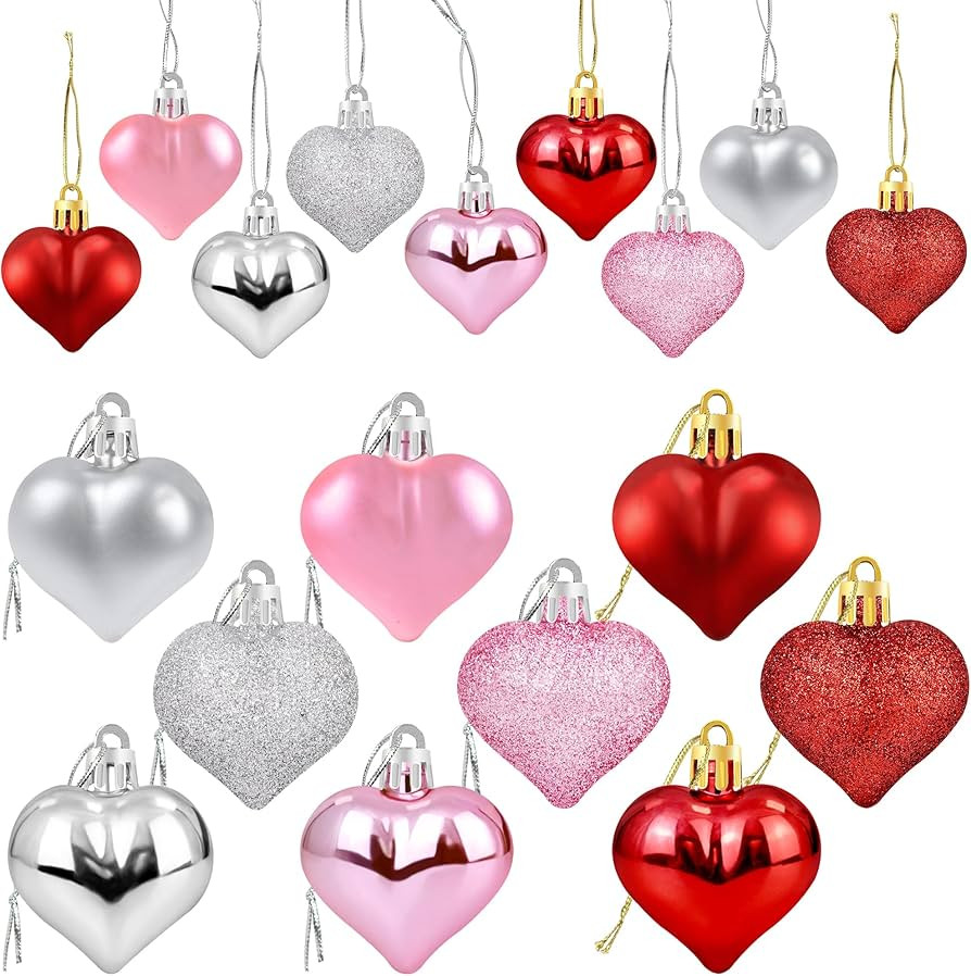 36Pcs Valentines Heart Shaped Ornaments - Valentines Heart Decorations - Red Pink Silver Glitter ... | Amazon (US)