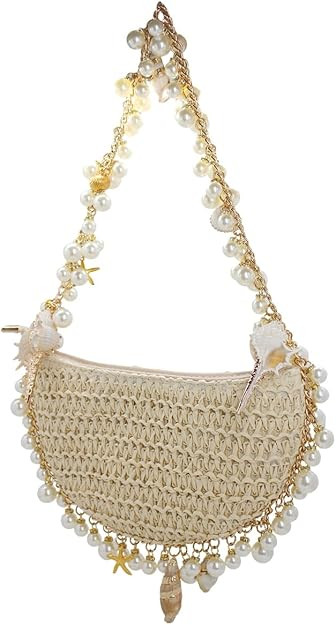 Women Pearl Straw Clutch Purse Woven Summer Beach Evening Bag Wedding Party Straw Shoulder Handba... | Amazon (US)