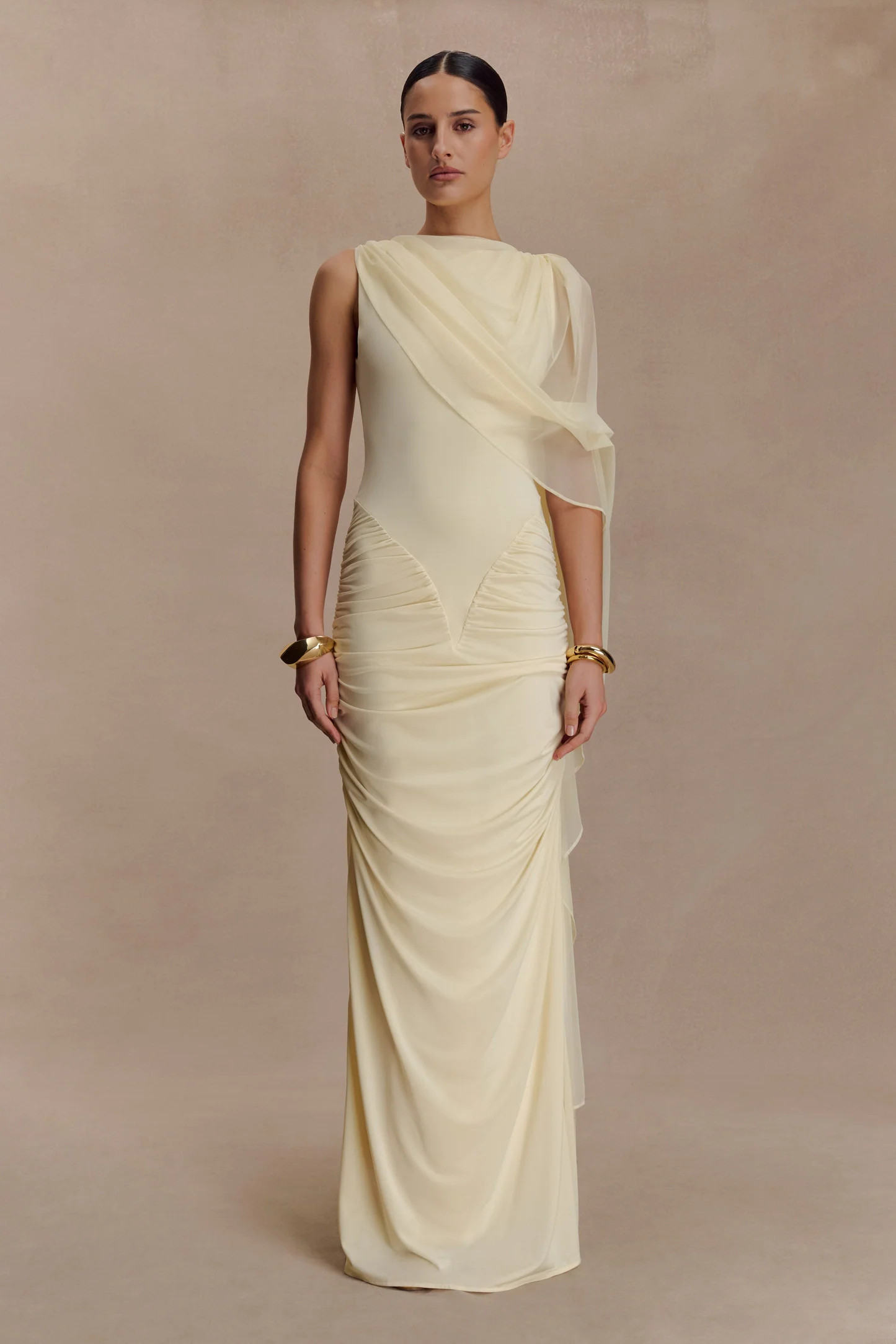 Amandine Ruched Slinky Maxi Dress - Lemon | MESHKI US