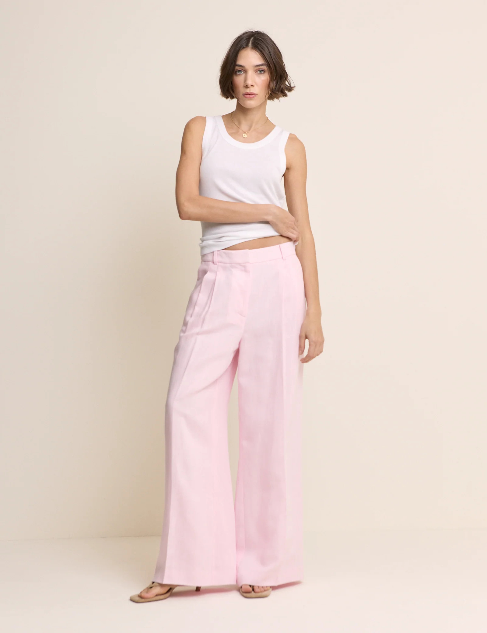 Baby Pink Linen-Blend Jax Wide Leg Trousers | Nobody's Child