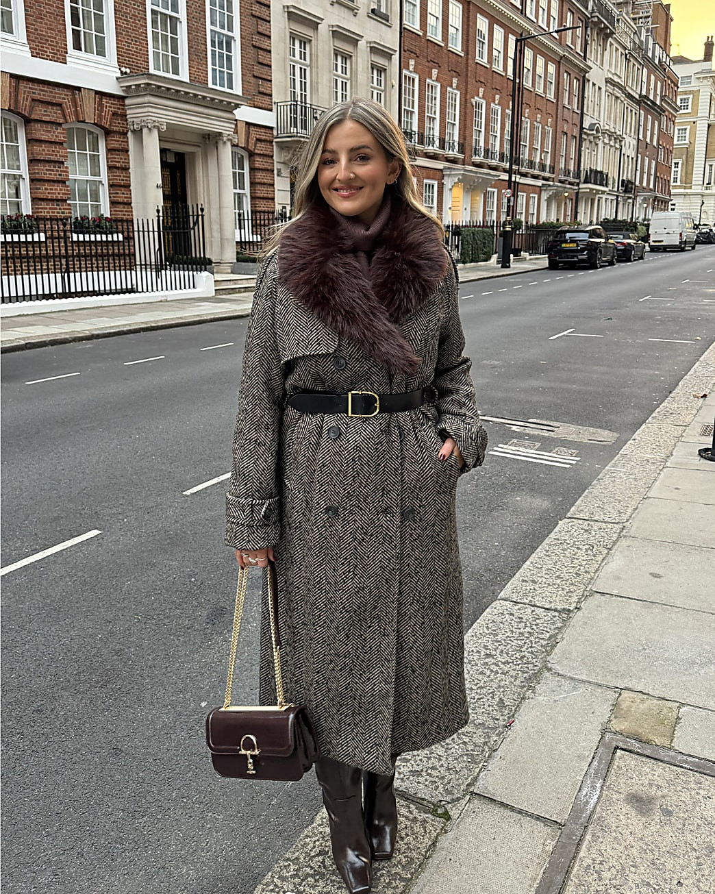 Brown Faux Fur Collar Herringbone Trench Coat | River Island UK & IE