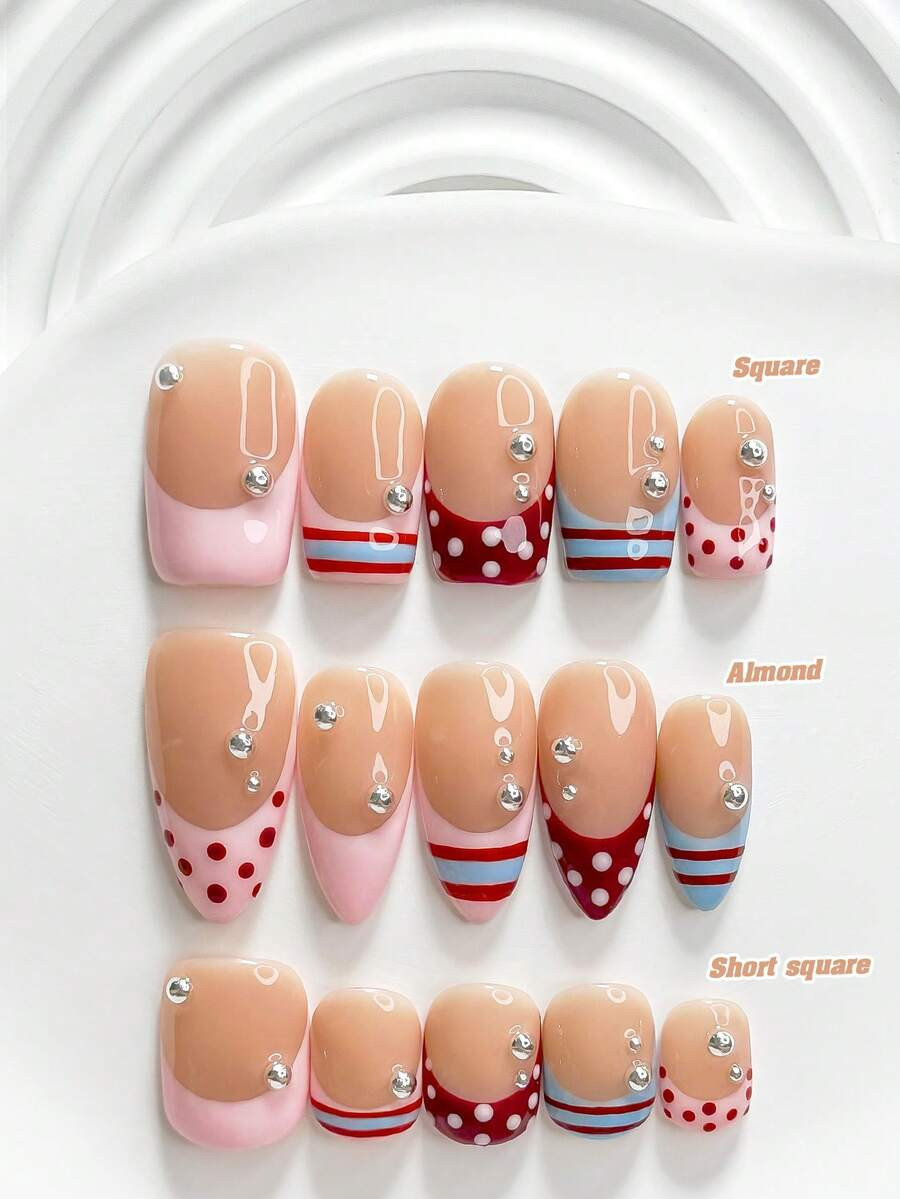 10pcs Fresh Style Handmade Press-On Nails, Polka Dot & Striped Poly Gel Nail Set, Pink Red Blue N... | SHEIN