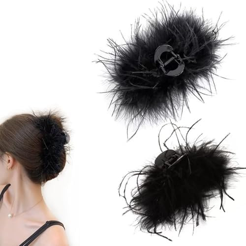 2pcs Black Feather Hair Claw Clips Ostrich Fluffy Fur Large Hair Claws Hair Accessories Hairpin H... | Amazon (US)