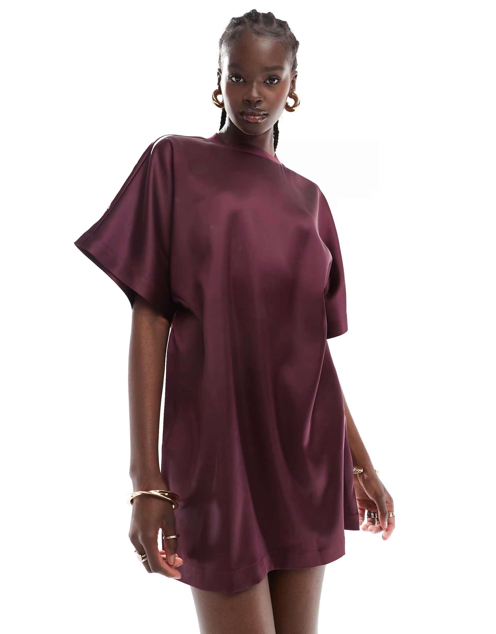 ASOS DESIGN satin oversized mini tshirt dress in burgundy | ASOS (Global)