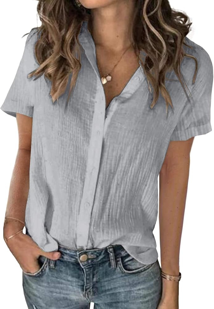 Karlywindow Womens Long Sleeve Button Down Cotton Linen Shirt Blouse Loose Fit Casual V-Neck Tops | Amazon (US)