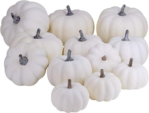 BESTTOYHOME 12 PCS Assorted Sizes Rustic Harvest White Artificial Pumpkins for Halloween, Fall Th... | Amazon (US)